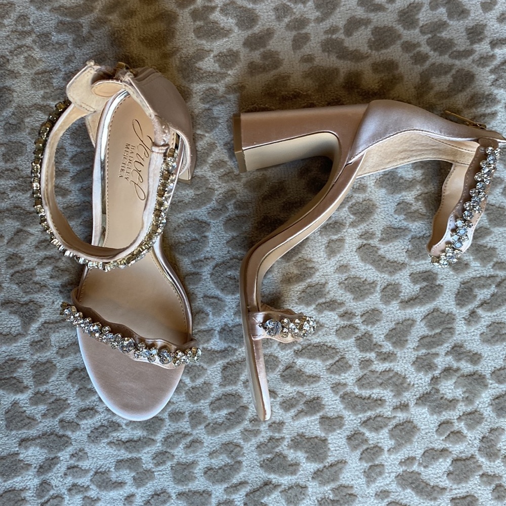 Jewel Badgley Mischka Mayra Ankle Strap Evening Shoe in Champagne, size 7.